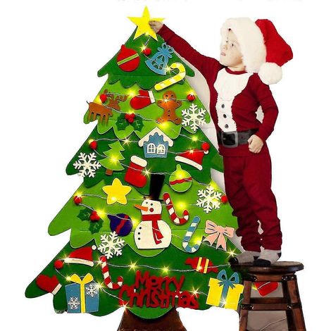 Árbol de Navidad de fieltro, decoración navideña DIY, árbol de Navidad con 32 adornos de pared con luces LED de hadas compatible con puertas y hogares infantiles (1/5)
