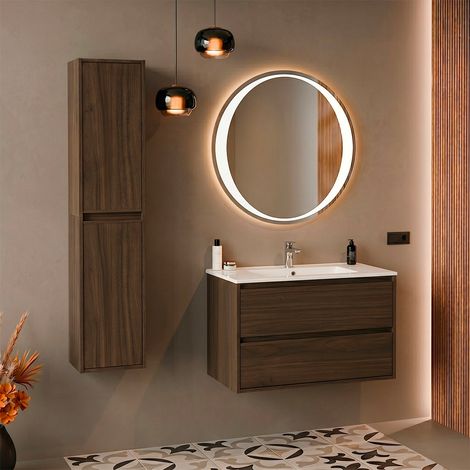 Ensemble meuble simple vasque encastrée 80cm et colonne Edmé Bois foncé (1/5)