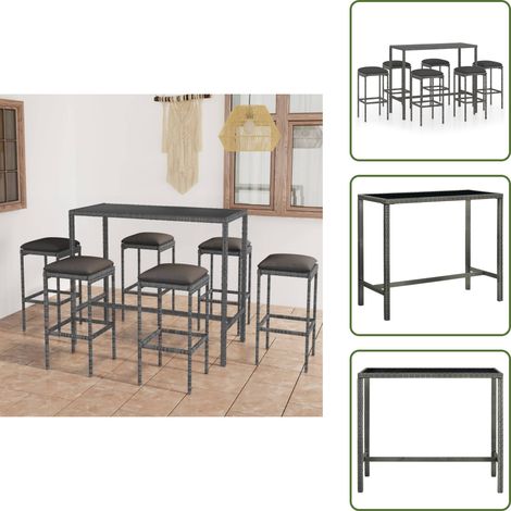 Ensemble de bar de jardin 7 pcs et coussins Résine tressée Gris - Ensemble Salon De Jardin - Mobilier De Jardin - Set De Bar Extérieur - Table Basse Extérieure - Chaises De Jardin
