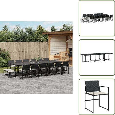 The Living Store 17-tlg. Garten-Essgruppe mit Kissen Schwarz Poly Rattan - Gartentisch - Gartenstühle - Gartenset - Outdoor Esstisch - Terrassenmöbel