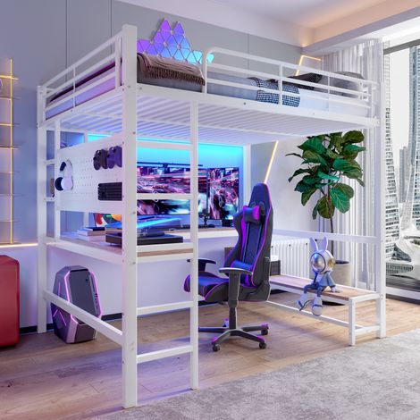 Lit mezzanine enfant 2 places 140x200 cm, avec lumières LED et bureau, ports USB et Type-C, sans matelas, Métal, blanc (1/5)