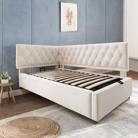 Cadre de lit beige en velours 206 x 100 x 77 cm (1/5)