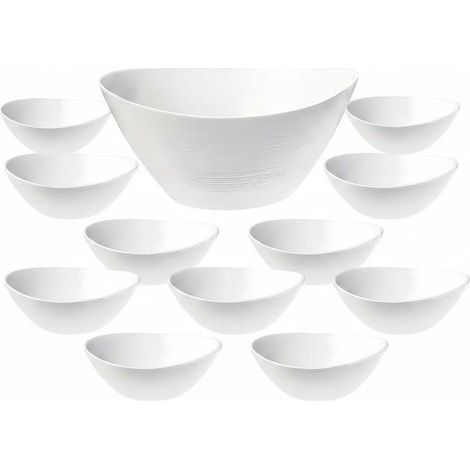 Set 13 Pezzi Macedonia Insalatiera + 12 Coppette in Vetro Opale Bianco ciotole gelato insalata servizio completo in Vetro Temperato Resistente agli Urti e Shock Termici per Casa e HORECA buffet