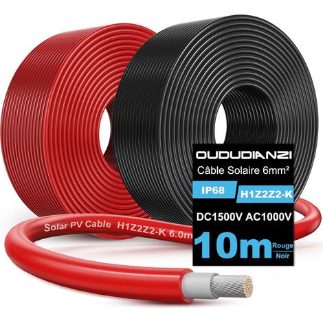 Câble solaire 6mm²/4mm², H1Z2Z2-K Rallonge Cable Panneau Solaire 10/15/20/30/50m, Câble Photovoltaïque 6mm2 pour panneaux solaires, onduleur et régulateur de charge (6mm² 2x10m) (1/5)