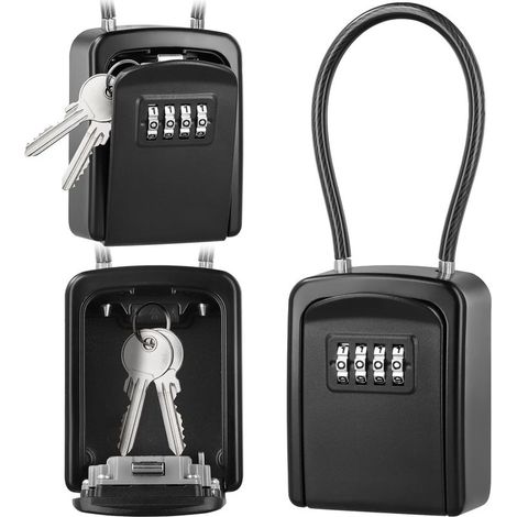 Boîte à Clé en Câble Métallique, Boîte à Clé Sécurisée Combinaison à 4 Chiffres Extérieur étanche, pour Entrepôts, Porte, Garages, Entrées de Secours - Noir (1/5)
