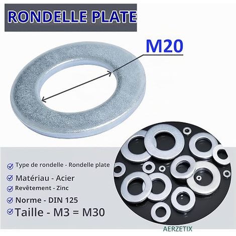 AERZETIX - Flat Washers M20 - Zinc Plated Steel - DIN 125 - for Wooden Constructions, Assembly, Bolts, Screws, Nuts, Clamping Sealing Mechanical (1/4)