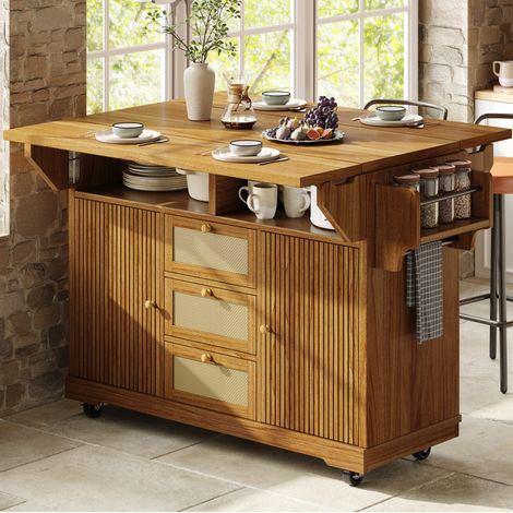 Carrello da cucina 142.5x80x95 cm, piano estensibile, altezza ergonomica, cassetti in rattan PE, MDF, marrone scuro (1/5)
