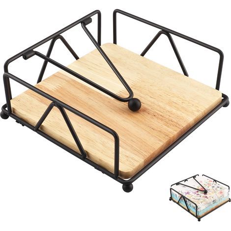 Table Napkin Holder, Metal Napkin Dispenser, Weighted Bar, 18 x 18 x 8 cm Paper Napkin Holder with Wooden Base, Towel Holder for Living Room, Kitchen, Picnic, Coffee Shop (1/4)