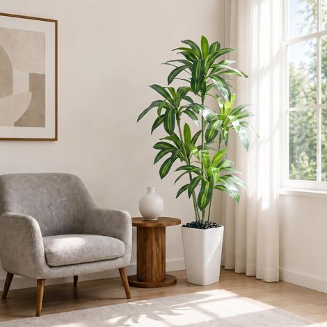 Plante Artificielle Dracaena Intérieur 180cm Arbre Artificiel Dracaena Faux Arbre en Soie avec Jardinière Blanche Faux Tropical Yucca Floor Plant pour Bureau à Domicile Décorati Blanc 180CM (1/5)