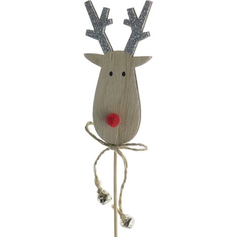 Weihnachtsstecker Hirsch mit silberfarbenem Geweih & 2 Glöckchen - Holz