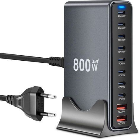 Cargador rápido GaN III USB C 10 en 1 y 800 W con 8 puertos USB-C + 2 puertos USB-A, Power Delivery, estación de carga USBC para MacBook Pro/Air, iPhone, iPad, Samsung plus