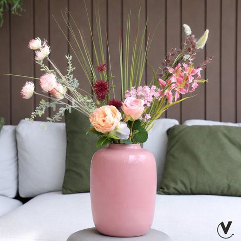 Vase en verre soufflé bouche rose pastel décoratif rond pour fleurs et maison - PANGIVO