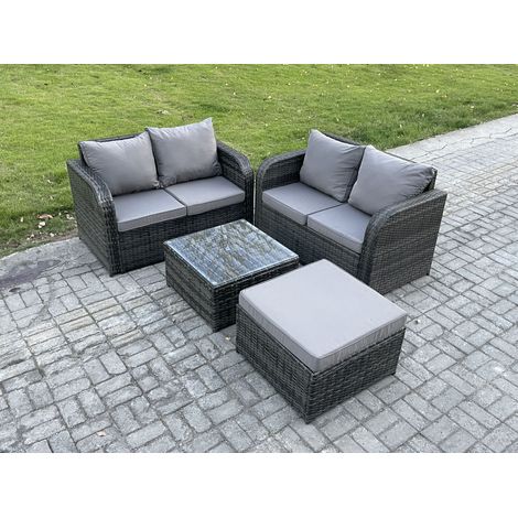 Fimous Rattan Sofa Set Outdoor Gartenmöbel Set mit quadratischem Couchtisch Loveseat Sofa Großer Fußhocker Dunkelgrau Gemischt