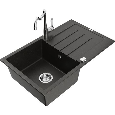 Mexen Bruno fregadero de granito de 1 cámara con escurridor y grifo de cocina Carla, negro/dorado metálico - 6513-75-670700-00 (1/5)