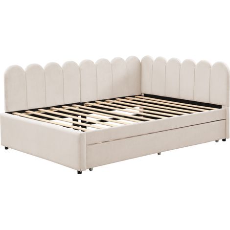 Letto imbottito a L 140 x 200 cm in velluto beige con letto estraibile e testiera floreale HOMVRA (1/5)