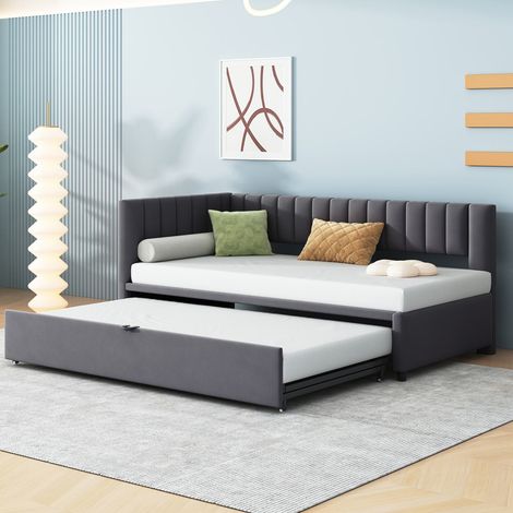 Canapé-lit d’angle 90x200cm en velours gris, lit banquette extensible multifonction (1/5)