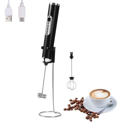 Espumador de leche eléctrico portátil con capacidad para 2 tazas，ideal para preparar lattes，chocolate caliente y huevos (negro con soporte) (1/5)