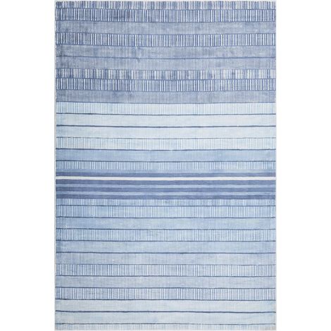 Tapis Rectangulaire Bleu Clair et Blanc en Viscose Motif à Rayures pour Chambre ou Salon au Style Scandinave 140 x 200 cm Beliani
