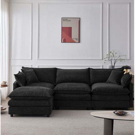 Sofá esquinero modular de 3 plazas con chaise longue y puff de chenilla negra DESVIAE (1/5)