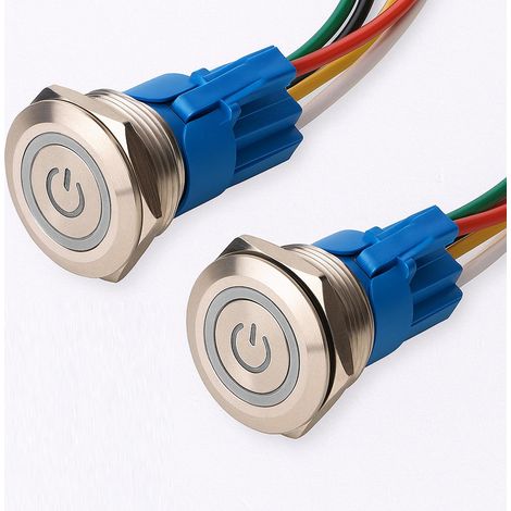 2 pièces 22mm Acier Inoxydable Verrouillage Bouton Poussoir Interrupteur, LED de Symbole d'alimentation 12V-24V 5A Interrupteur à Levier Étanche avec Fiche à Douille (LED Blanc) (1/5)