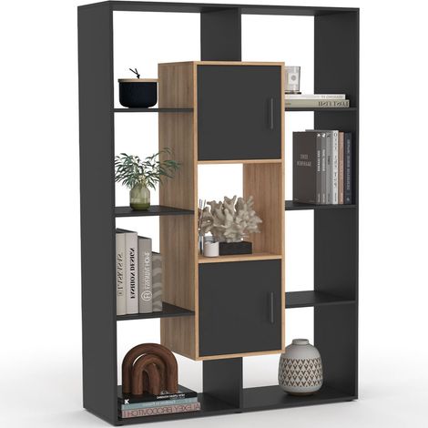 Idmarket – Bibliothèque COLETTE 143 cm – 11 compartiments – 2 cases noires – Effet bois – Particules de bois – Rangement moderne