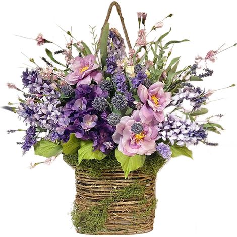 Cesta decorativa de flores artificiales de primavera en un romántico color púrpura para el hogar, bodas y fiestas. (1/5)