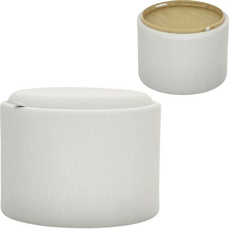 Pouf de rangement avec couvercle, repose-pieds rond velours côtelé blanc crème 56x56x42 cm, table basse et coffre multifonction salon (1/5)
