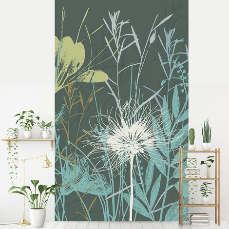 Papier peint intissé vert, motif fleurs et verdure, 250 cm X 150 cm, style champêtre. (1/2)