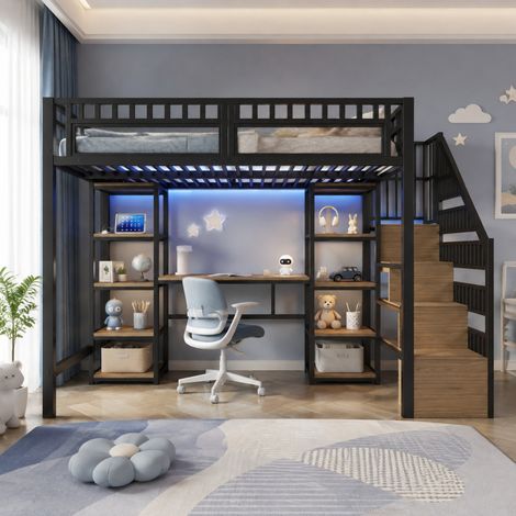 Cama alta 140 x 200 cm de metal negro con escritorio, estantes, escalera, LED y USB (1/5)
