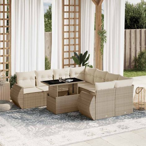 vidaXL Salon de jardin avec coussins 9 pcs beige résine tressée (1/5)