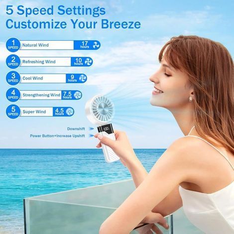 HONORNIC - Ventilateur portable, mini ventilateur de poche USB rechargeable, 5 vitesses, batterie 5200 mAh (blanc) (1/4)