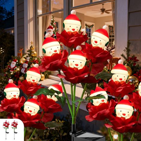 Lot de 2 lampes solaires en forme de rose avec décoration bonhomme de neige, 70 cm, allumage/extinction automatique, étanche IP65, pour jardin, allée, bassin, blanc chaud (1/5)