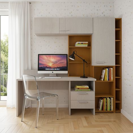 Angolo studio multifunzionale con libreria a profondità variabile e cassettiera integrata - Rovere rock