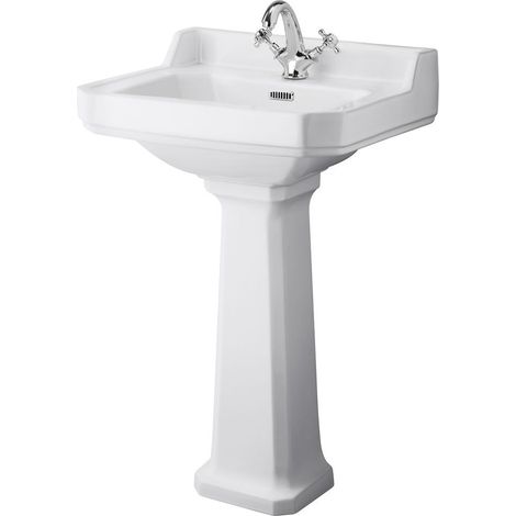 Hudson Reed – Lavabo sur colonne rétro 59.5cm – Céramique blanche – 1 trou pour robinetterie – Dimensions 595 x 905 x 470mm