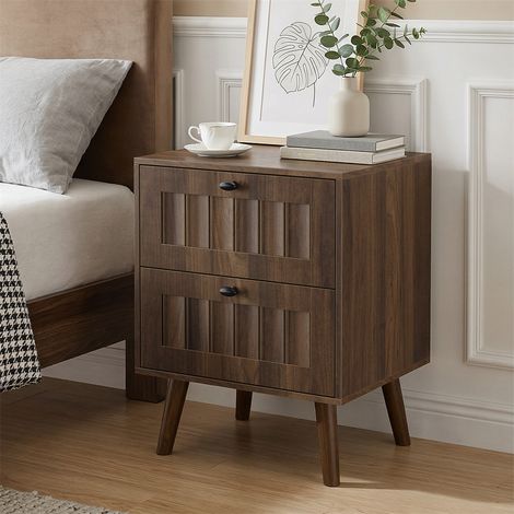 Table de Chevet Style Mid-Century - 43,5x40x57,5cm - Design Latté avec 2 Tiroirs et Pieds Massifs - Finition Noyer (1/5)