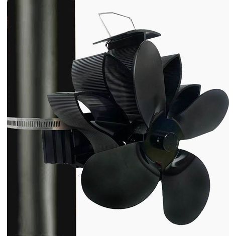 Accessoire de cheminée et poêle, Ventilateur de cheminée à 4 pales avec 2 pinces, tuyau d'échappement en bois, puissance thermique, cheminée écologique, brûleur à bois (1/5)