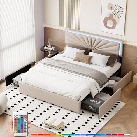Letto matrimoniale imbottito 160x200 cm in tessuto effetto lino, con illuminazione LED e 4 cassetti, letto per adulti stile scandinavo - beige