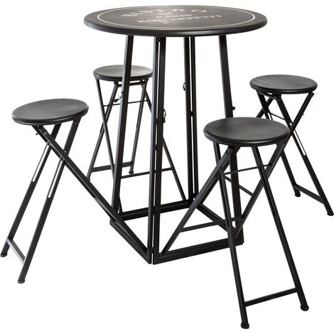 Atmosphera – Table haute 4 chaises pliantes noir et blanc D. 77,5 cm – Fer résistant aux intempéries – Pour intérieur et extérieur – Montage facile (1/6)