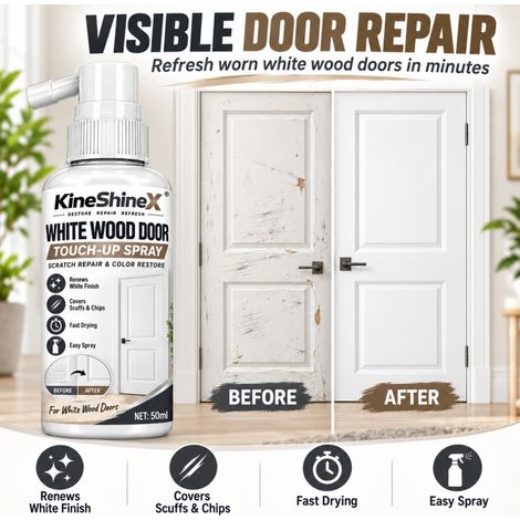 KineShineX White Wooden Door Touch-Up Spray: Repariert Kratzer, Dellen und Lackabplatzungen an Holztüren schnell trocknende weiße Oberfläche. (1/4)