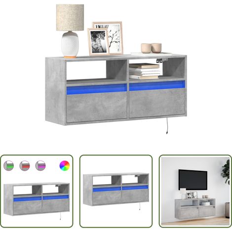 Armoire TV murale - Meuble TV mural avec lumières LED gris béton 100x31x45 cm (1/5)