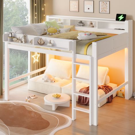 REDOM - Letto a soppalco - 140x200 cm - con contenitori - illuminazione LED e porta USB in MDF - pino e compensato - bianco(Senza materasso)