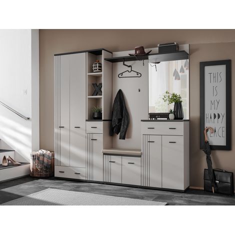 Ensemble meuble d'entrée Hugo IV avec miroir, armoire et coussin d'assise - Bois MDF cachemire et noir - 210 x 203 x 32 cm - Livraison gratuite (1/5)