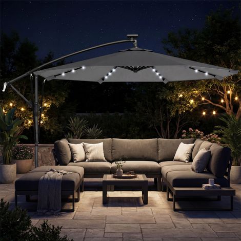 Parasol excentrique lumières solaires LED 330x295cm base croisée manivelle étui protecteur, gris foncé