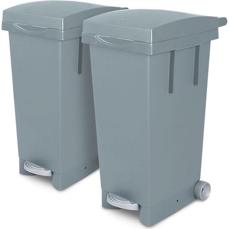 BRB Set, 2x 80 Liter Abfallbehälter mit Rollen, Fußpedal, selbstschließender Deckel, Klemmring für Müllsäcke (grau)