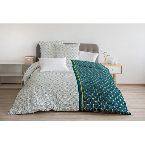 Housse de Couette - 3 Pièces 100% Coton - 57 Fils 2 Personnes - 240x260 cm Rainbow Bleu-Vert Curry (1/4)