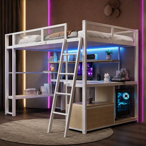 Letto a soppalco gaming in metallo 140 x 200 cm con scrivania LED e spazio contenitore bianco (1/5)