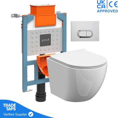 Rimless Wall Hung Toilet Pan with VITRA 0.82m Low Height Concealed Cistern Frame WC - Loop O - Chrome Dual Flush Plate