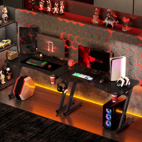 Scrivania da gaming HOMCOM 120x65x74,5 cm, ergonomica per PC, con portabicchiere, gancio per cuffie e piedini regolabili, effetto fibra di carbonio, nera.