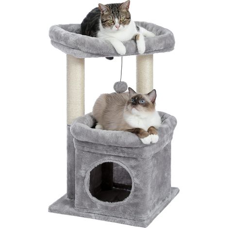 PAWZ Road Petit Arbre à Chat 60 cm, Tour de Jeux avec 2 Poteaux à Griffer Robuste, 1 Condo Spacieux & 1 Grand Perchoir, Gris