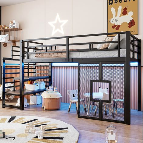 Letto a soppalco in metallo 257x98x128 cm, con scala, contenitore, LED, finestre, ferro e MDF nero (1/5)